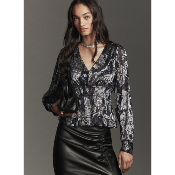 Anthropologie Tops - By Anthropologie Metallic Smocked Long-Sleeve Shirt Midnight Navy Size M